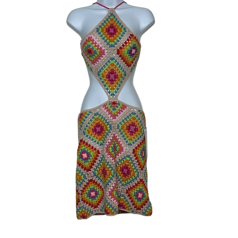 Free People Crochet granny square cut out mini dress NWOT Sample Dress SZ. M